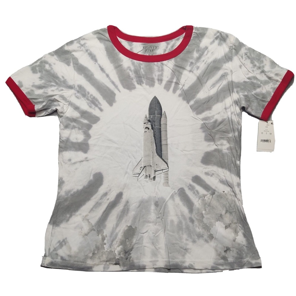 NASA SPACE SHUTTLE Women Large Gray Tie Dye Ringer Short Sleeve T-Shirt NEW